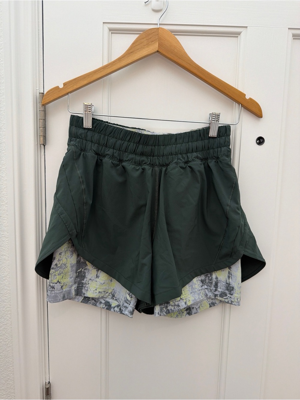 lululemon athletica Dark Green Layered Athletic Shorts with Patterned Liner